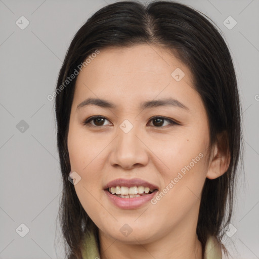 Joyful white young-adult female with long  brown hair and brown eyes