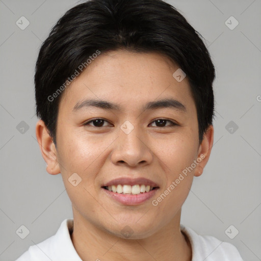 Joyful asian young-adult female with short  brown hair and brown eyes