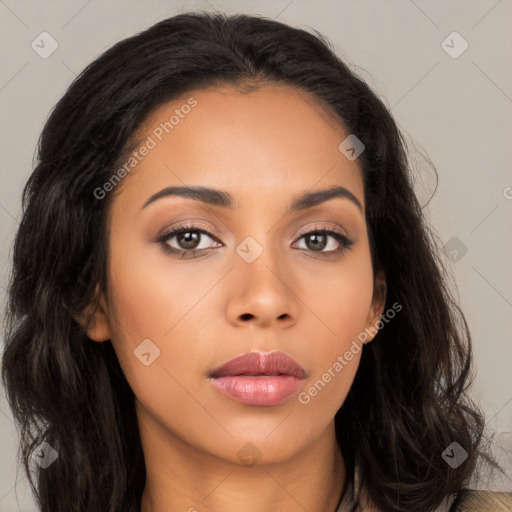 Neutral asian young-adult female with long  brown hair and brown eyes