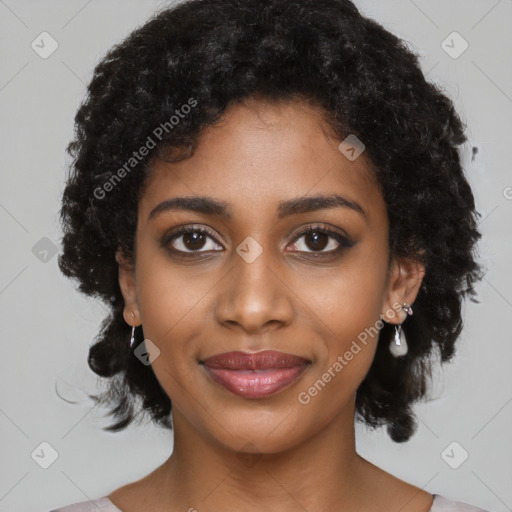 Joyful black young-adult female with medium  black hair and brown eyes