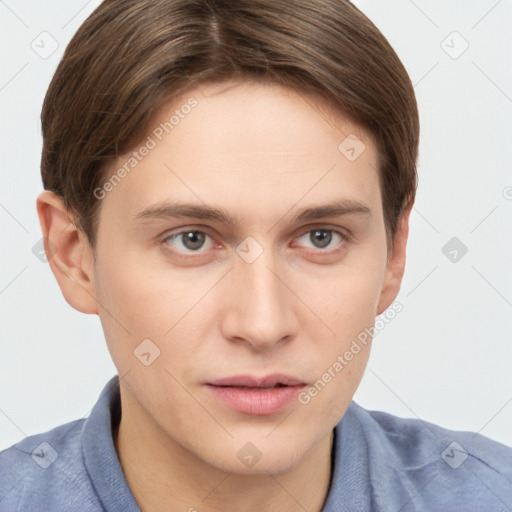 Neutral white young-adult male with short  brown hair and grey eyes