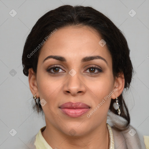 Joyful latino young-adult female with medium  brown hair and brown eyes