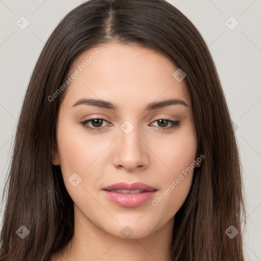 Neutral white young-adult female with long  brown hair and brown eyes