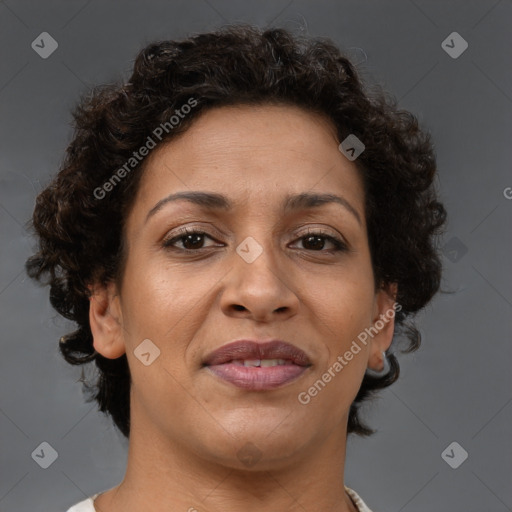 Joyful white adult female with short  brown hair and brown eyes