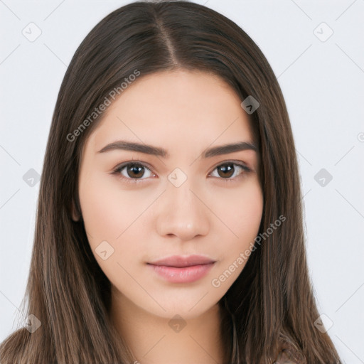 Neutral white young-adult female with long  brown hair and brown eyes