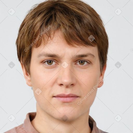 Neutral white young-adult male with short  brown hair and grey eyes