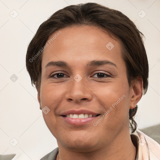 Joyful white young-adult female with short  brown hair and brown eyes