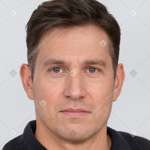 Neutral white adult male with short  brown hair and brown eyes