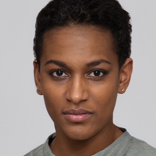 Neutral black young-adult female with short  brown hair and brown eyes