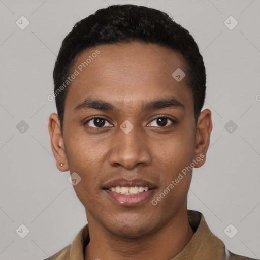 Joyful black young-adult male with short  black hair and brown eyes