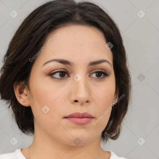 Neutral white young-adult female with medium  brown hair and brown eyes