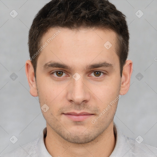 Neutral white young-adult male with short  brown hair and brown eyes