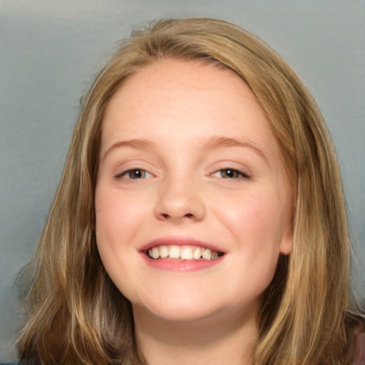 Joyful white young-adult female with long  brown hair and blue eyes