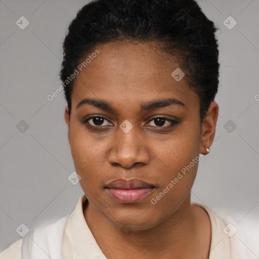 Neutral black young-adult female with short  black hair and brown eyes