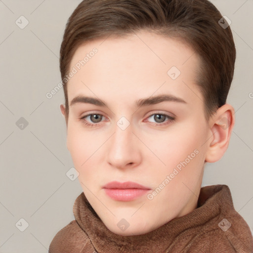 Neutral white young-adult female with short  brown hair and brown eyes