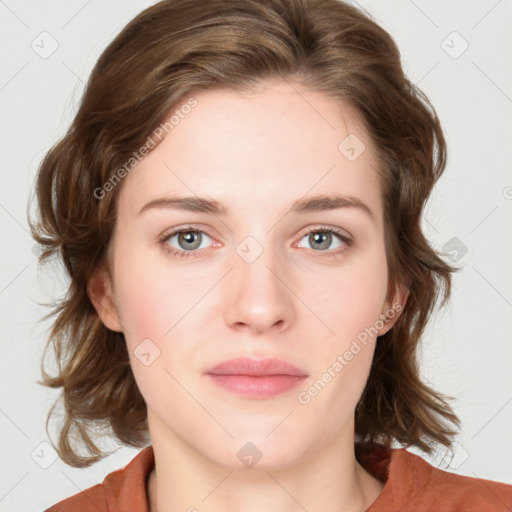 Neutral white young-adult female with medium  brown hair and blue eyes