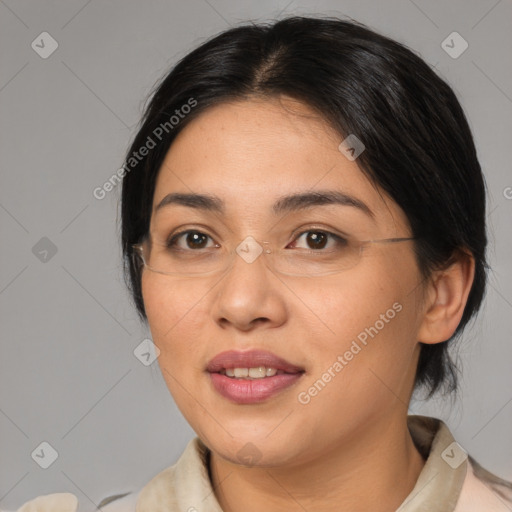 Joyful white adult female with medium  brown hair and brown eyes