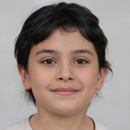 Joyful white child female with medium  brown hair and brown eyes