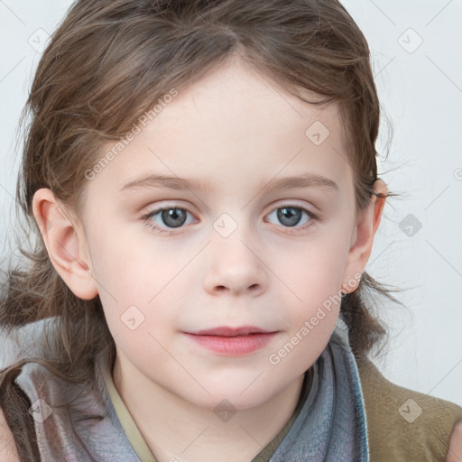 Neutral white child female with medium  brown hair and blue eyes