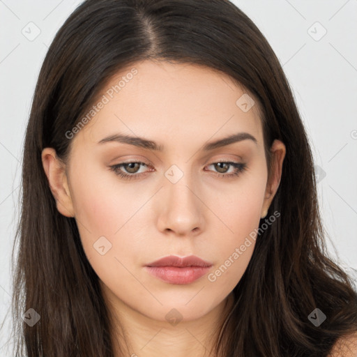 Neutral white young-adult female with long  brown hair and brown eyes