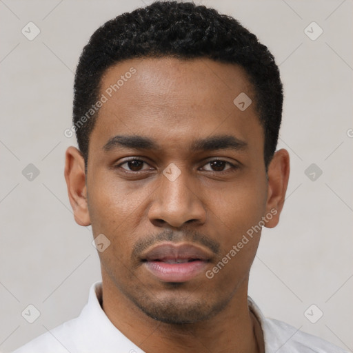 Neutral latino young-adult male with short  black hair and brown eyes