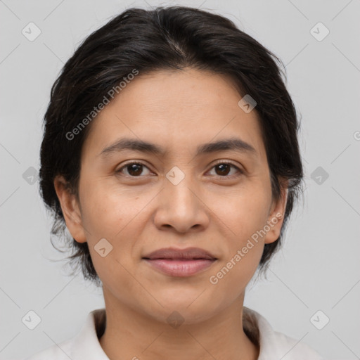 Joyful white young-adult female with medium  brown hair and brown eyes