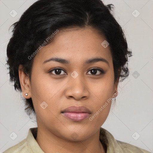 Joyful latino young-adult female with short  brown hair and brown eyes