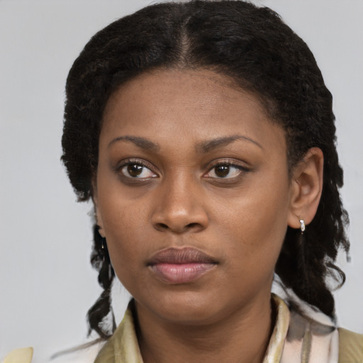 Neutral latino young-adult female with medium  black hair and brown eyes