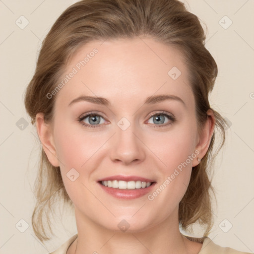 Joyful white young-adult female with medium  brown hair and blue eyes