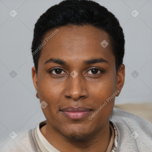 Joyful black young-adult male with short  black hair and brown eyes