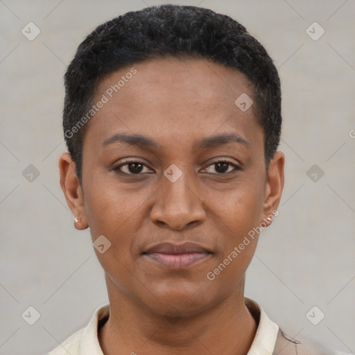 Joyful latino young-adult female with short  black hair and brown eyes