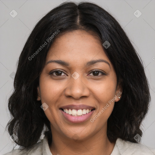 Joyful black young-adult female with medium  black hair and brown eyes