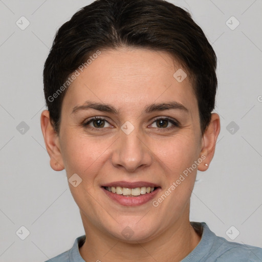 Joyful white young-adult female with short  brown hair and brown eyes