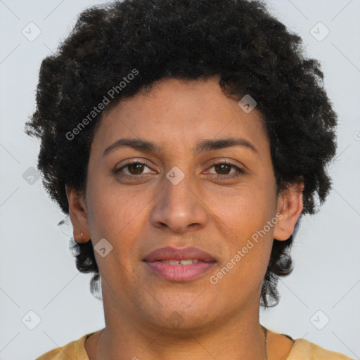 Joyful latino young-adult female with short  brown hair and brown eyes