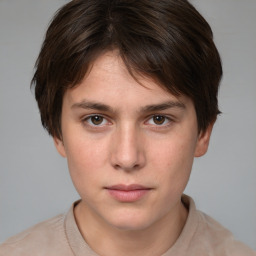 Neutral white young-adult female with short  brown hair and brown eyes