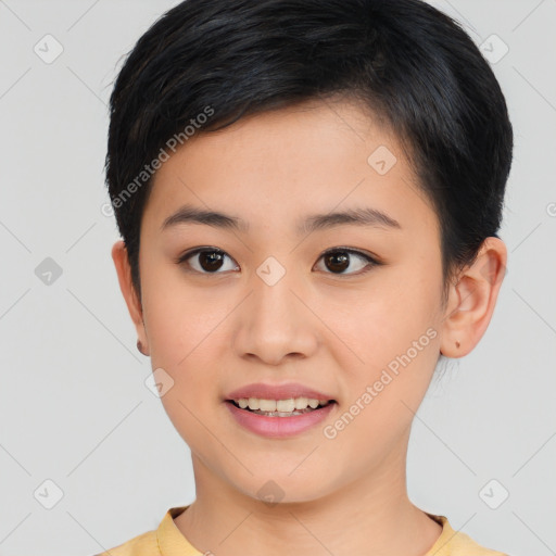 Joyful asian young-adult female with short  black hair and brown eyes