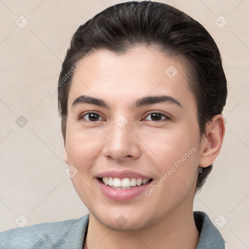 Joyful white young-adult female with short  brown hair and brown eyes