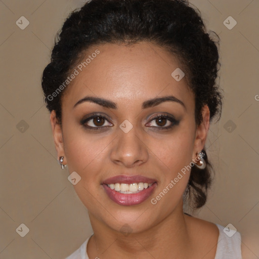 Joyful latino young-adult female with short  brown hair and brown eyes