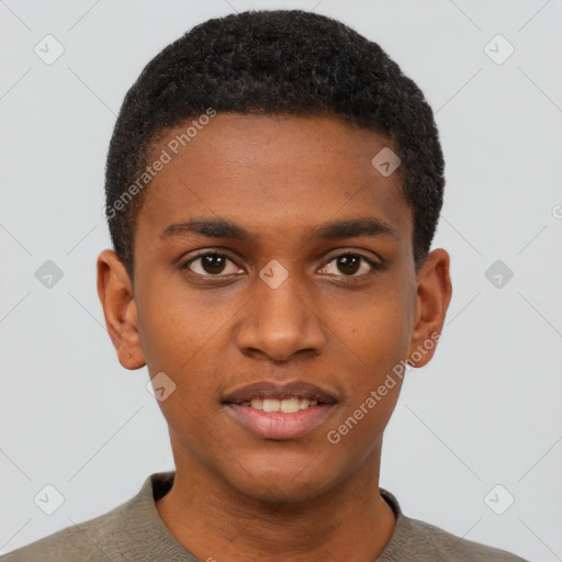 Joyful black young-adult male with short  brown hair and brown eyes