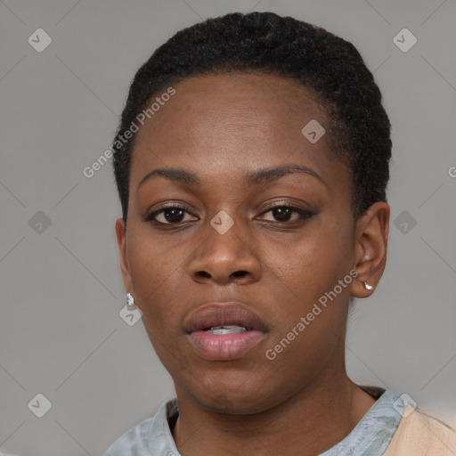 Neutral black young-adult female with short  black hair and brown eyes