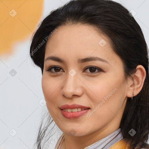 Joyful latino young-adult female with medium  brown hair and brown eyes