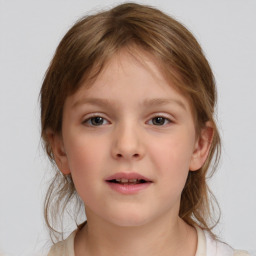 Neutral white child female with medium  brown hair and grey eyes