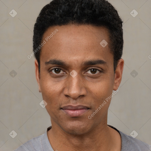 Neutral black young-adult male with short  black hair and brown eyes