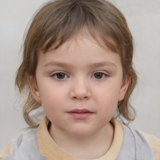 Neutral white child female with medium  brown hair and grey eyes