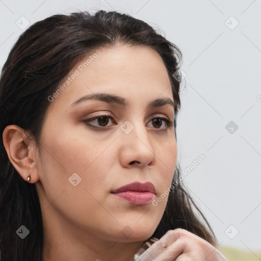 Neutral white young-adult female with long  brown hair and brown eyes