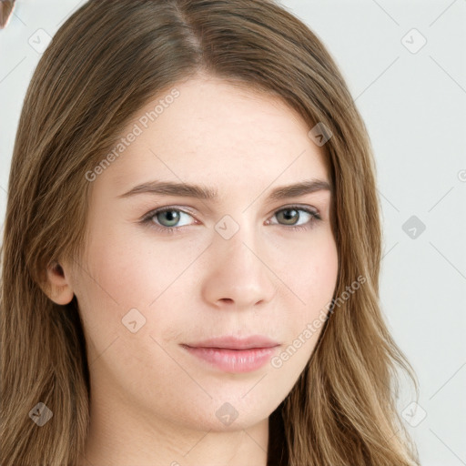 Neutral white young-adult female with long  brown hair and grey eyes