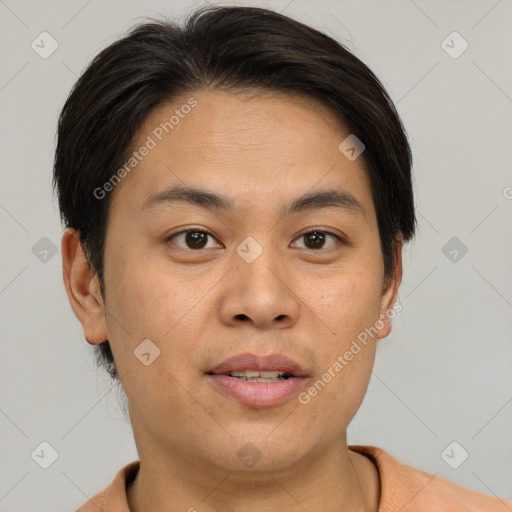 Joyful asian young-adult male with short  brown hair and brown eyes