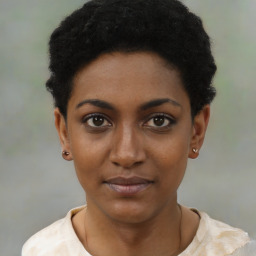 Neutral black young-adult female with short  black hair and brown eyes