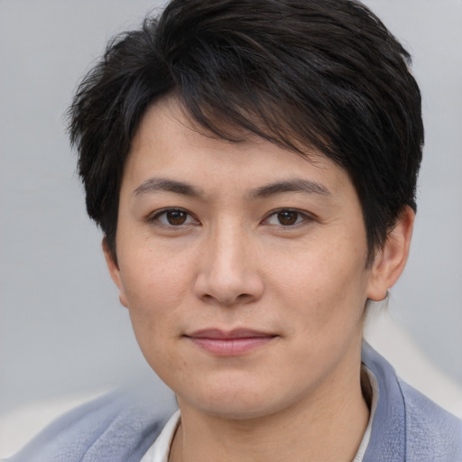 Neutral white young-adult female with short  brown hair and brown eyes
