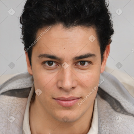 Joyful latino young-adult male with short  brown hair and brown eyes